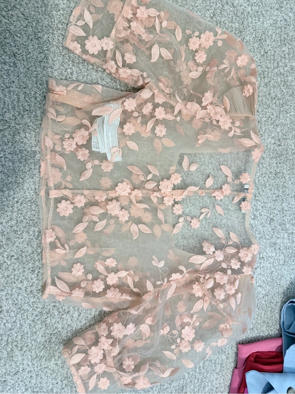 ZARA Sheer Pink Floral Embroidered Puff Sleeve Crop Top - Picture 3 of 7